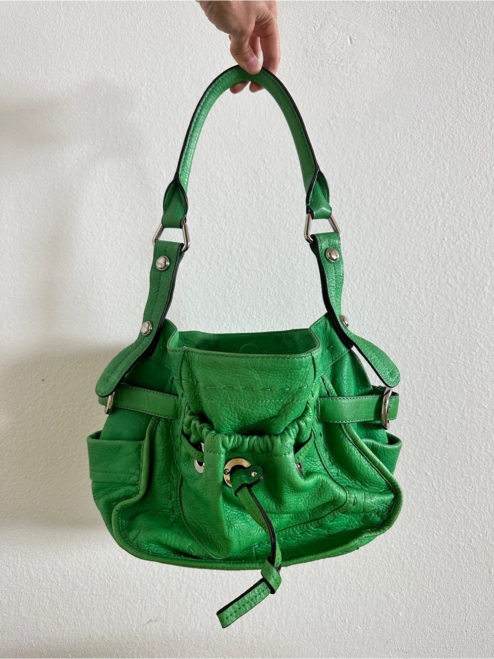 B. Makowsky Y2K Green Leather Drawstring Shoulder Bag